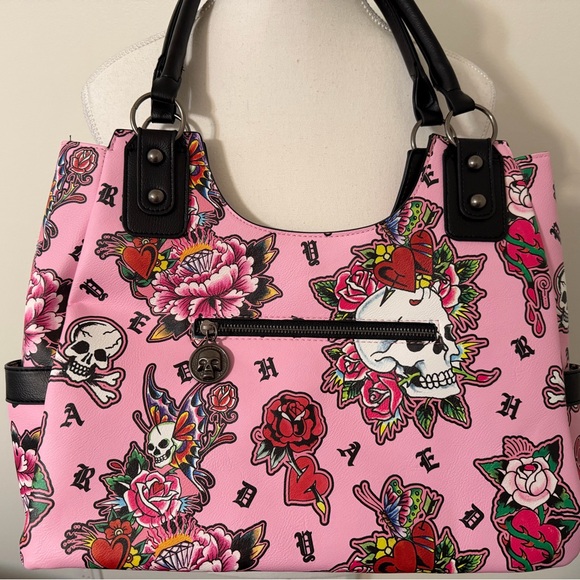 Ed Hardy Pink Floral Skull Tote Bag